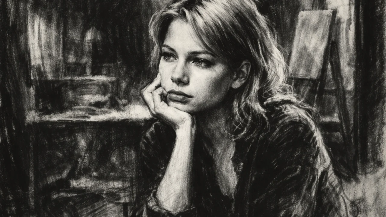 Ikonična faza Michelle Williams iz serije Dawson's Creek prikazana u ugalj stilu.