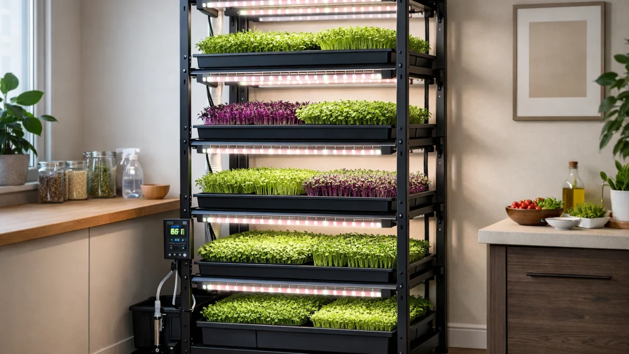 Vertikalni uzgoj mikrozelenja u stanu s LED rasvjetom, ušteda prostora i ravnomjeran rast biljaka