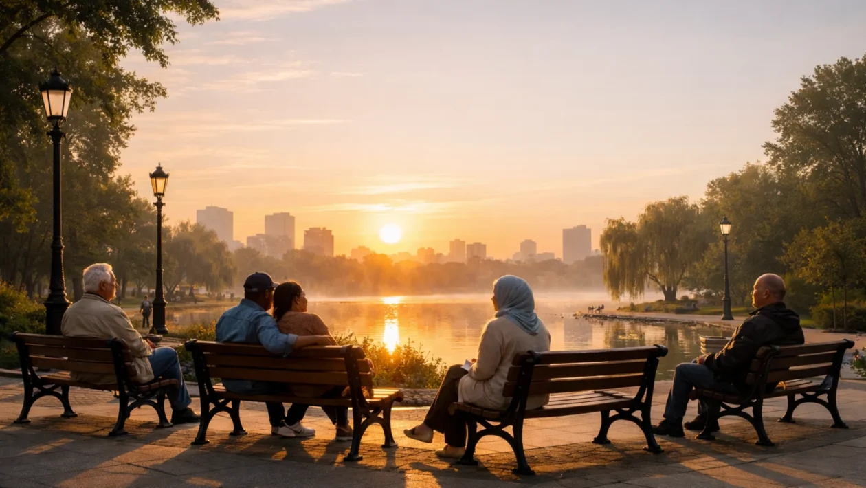 Mindfulness za početnike bez pritiska u mirnom parku, simbol svjesne prisutnosti i opuštanja u svakodnevnom životu