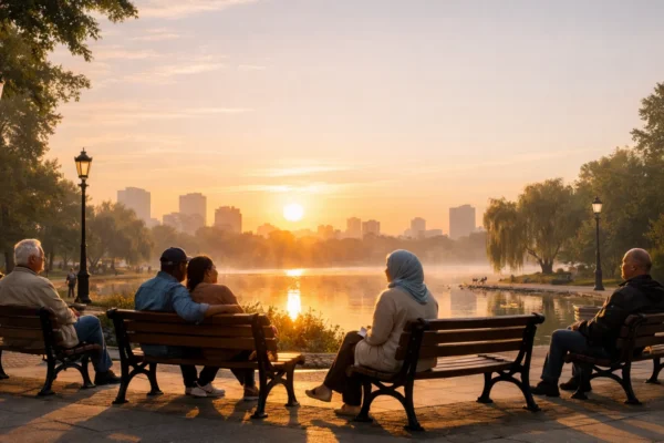 Mindfulness za početnike bez pritiska u mirnom parku, simbol svjesne prisutnosti i opuštanja u svakodnevnom životu