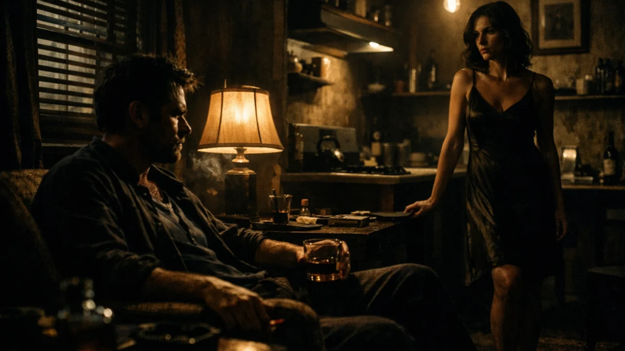 Primjer niskoključne rasvjete u mise en scène koja stvara napetost kroz sjene, prostor i položaj glumaca