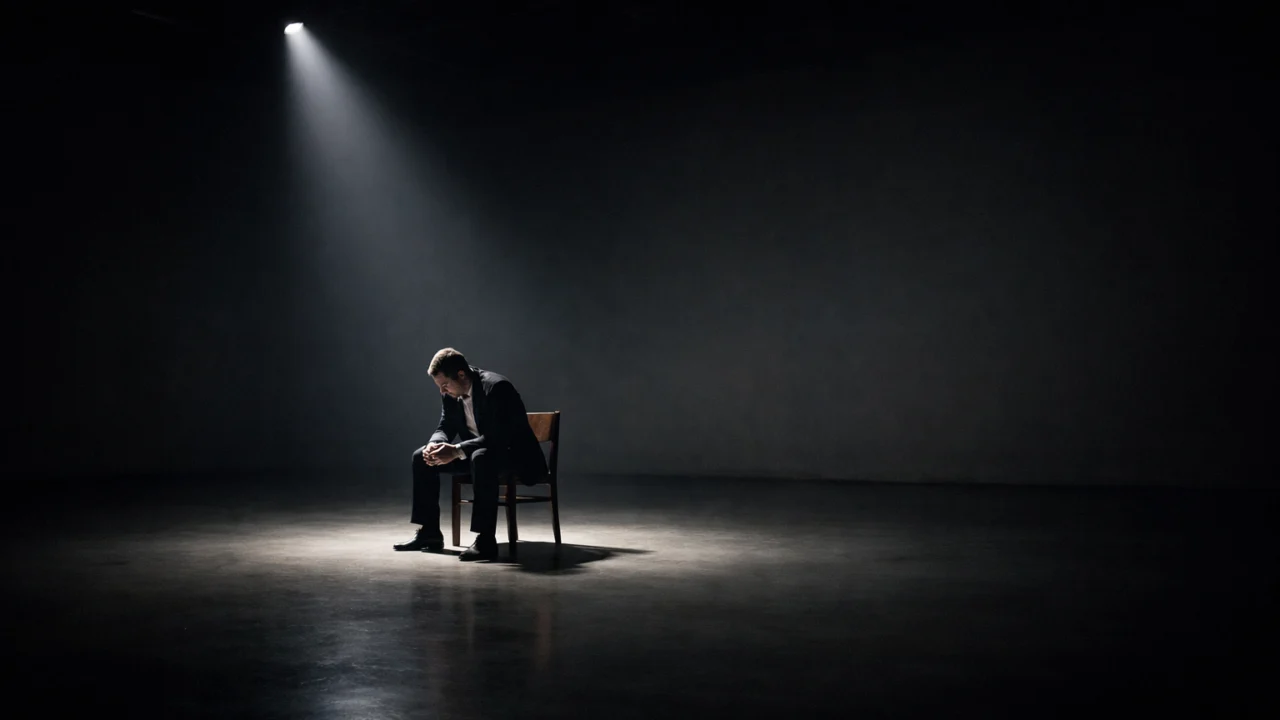 Dramatičan filmski kadar s jednim likom u praznom prostoru koji naglašava usamljenost kroz mise en scène