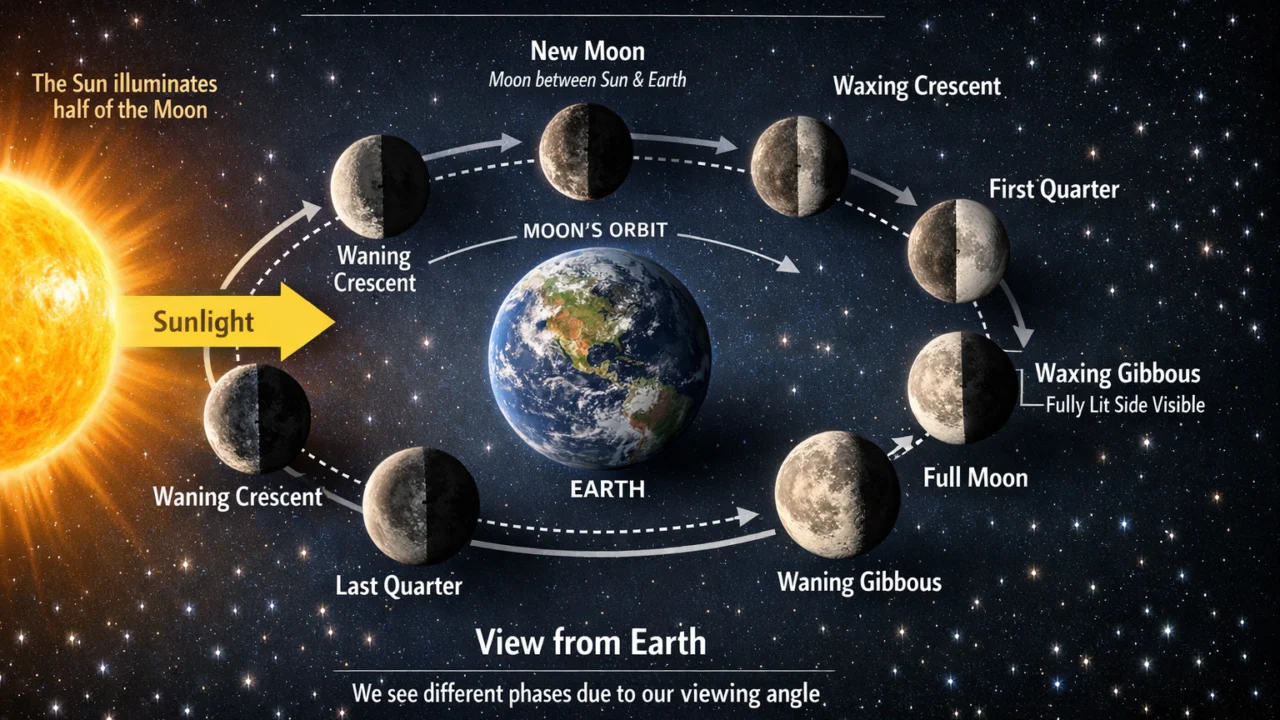 Objašnjenje kako kut gledanja stvara faze Mjeseca, a ne Zemljina sjena