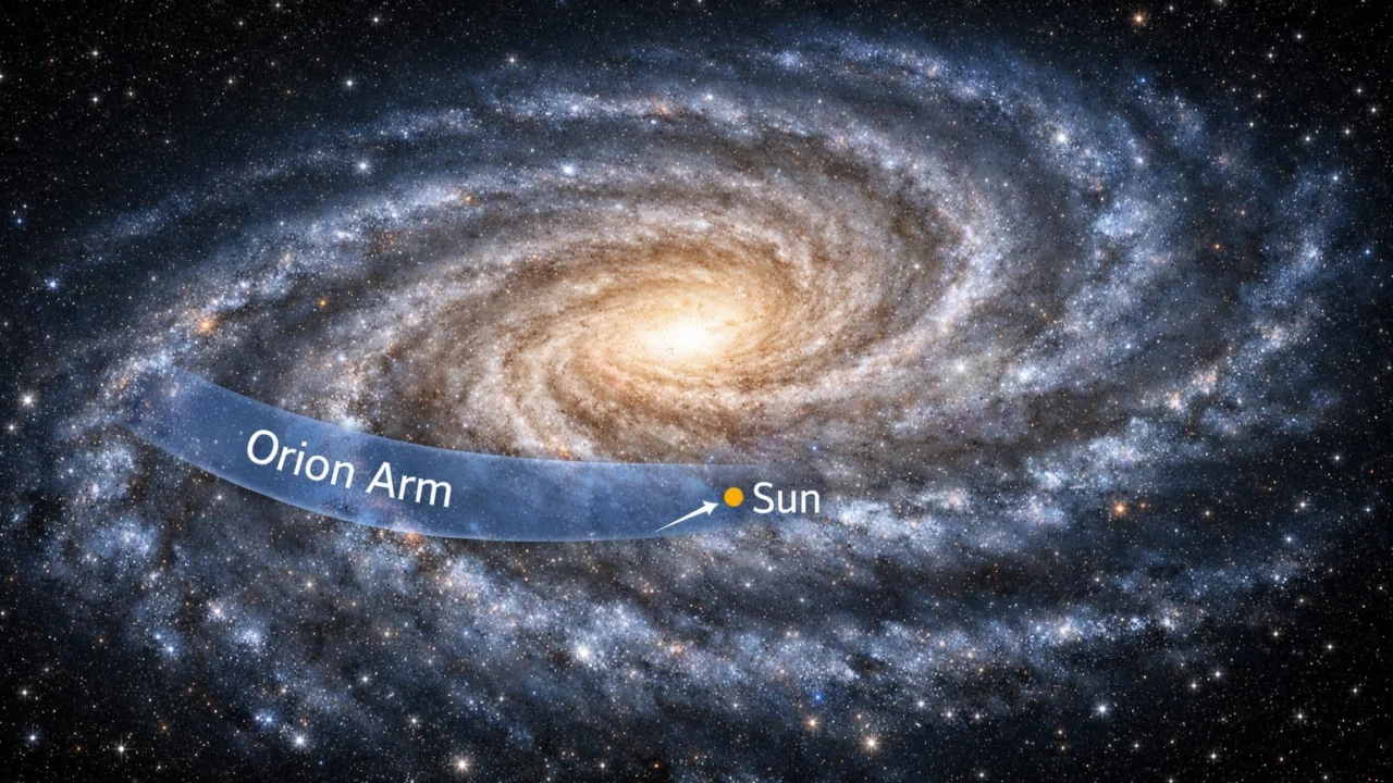 Položaj Sunčevog sustava u Orionovom kraku unutar Mliječne staze, prikaz galaktičke strukture