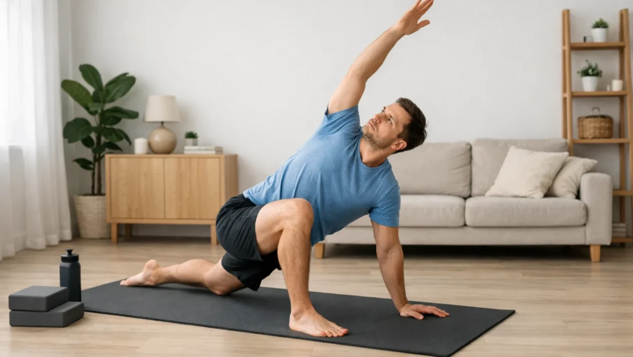 Početnik izvodi vježbe mobilnosti cijelog tijela u kućnom okruženju, fokus na pravilno kretanje i zdravlje zglobova