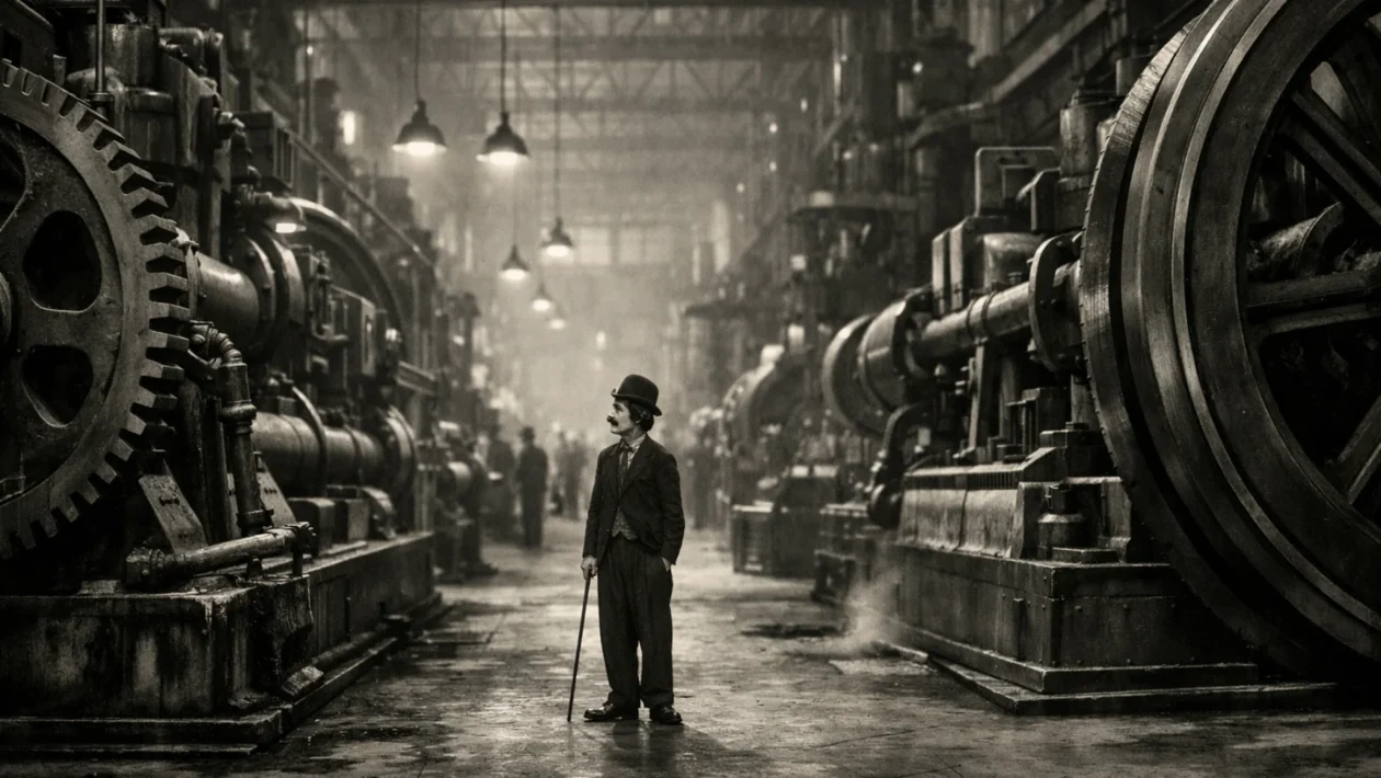 Široki kadar industrijske tvornice iz filma Modern Times s Chaplinovim Skitnicom simbolizira sukob čovjeka i stroja