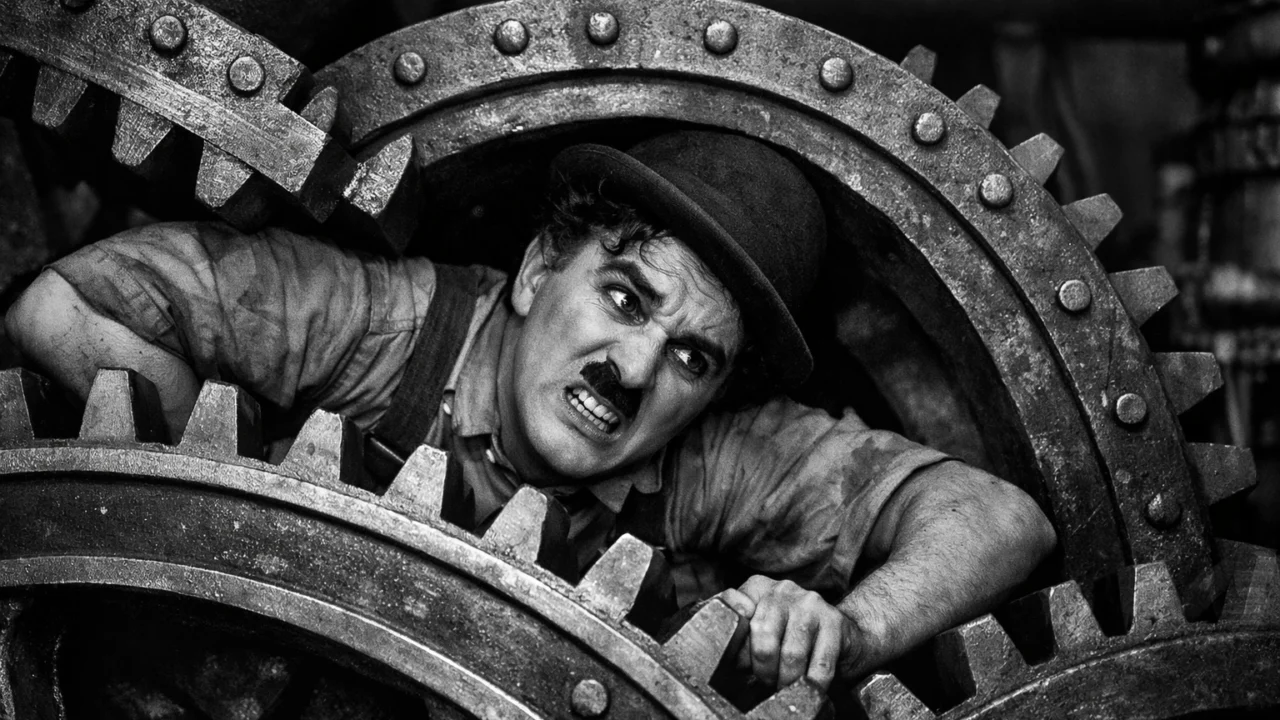 Kultna scena Chaplina unutar strojeva u filmu Modern Times prikazuje dehumanizaciju rada
