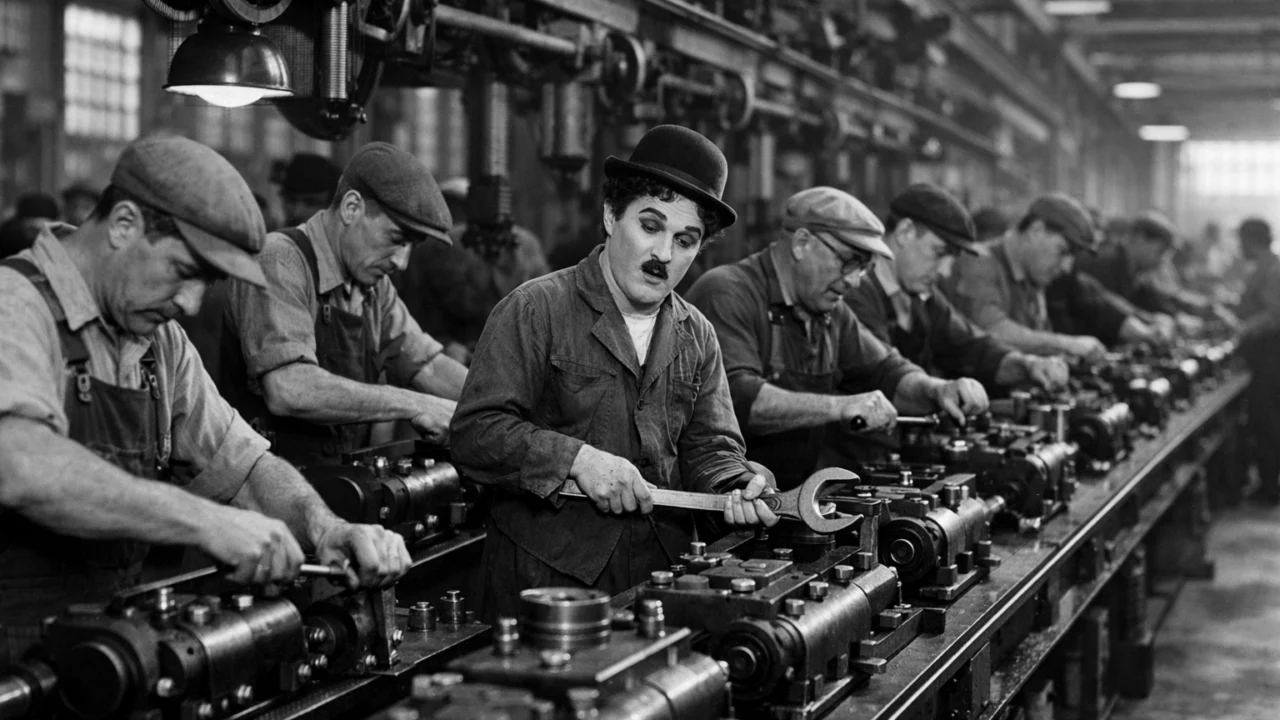 Radnička traka u filmu Modern Times ilustrira monotoniju i otuđenje industrijskog rada