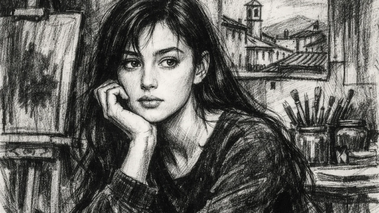 Mlada Monica Bellucci u rodnom gradu, prikazana u ugalj stilu s naglašenim kontrastom i umjetničkim linijama