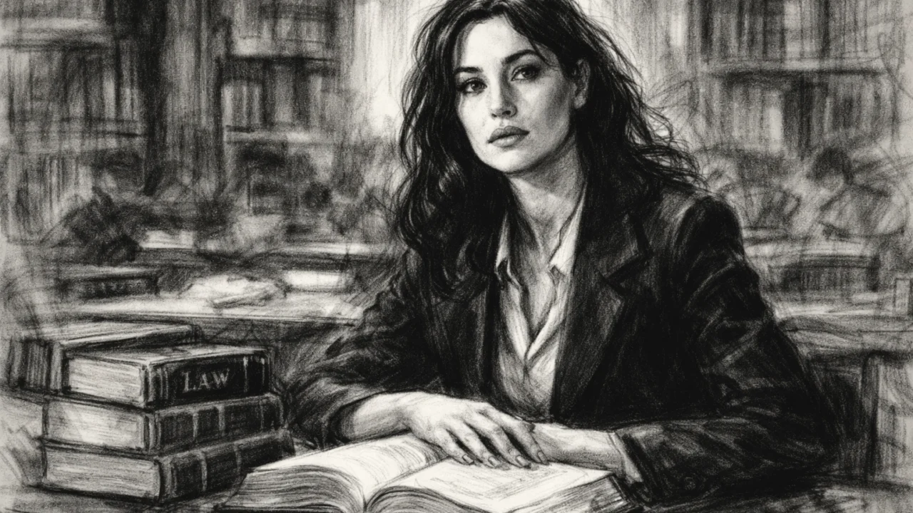 Monica Bellucci kao studentica prava, prikazana u ugalj stilu u akademskom okruženju