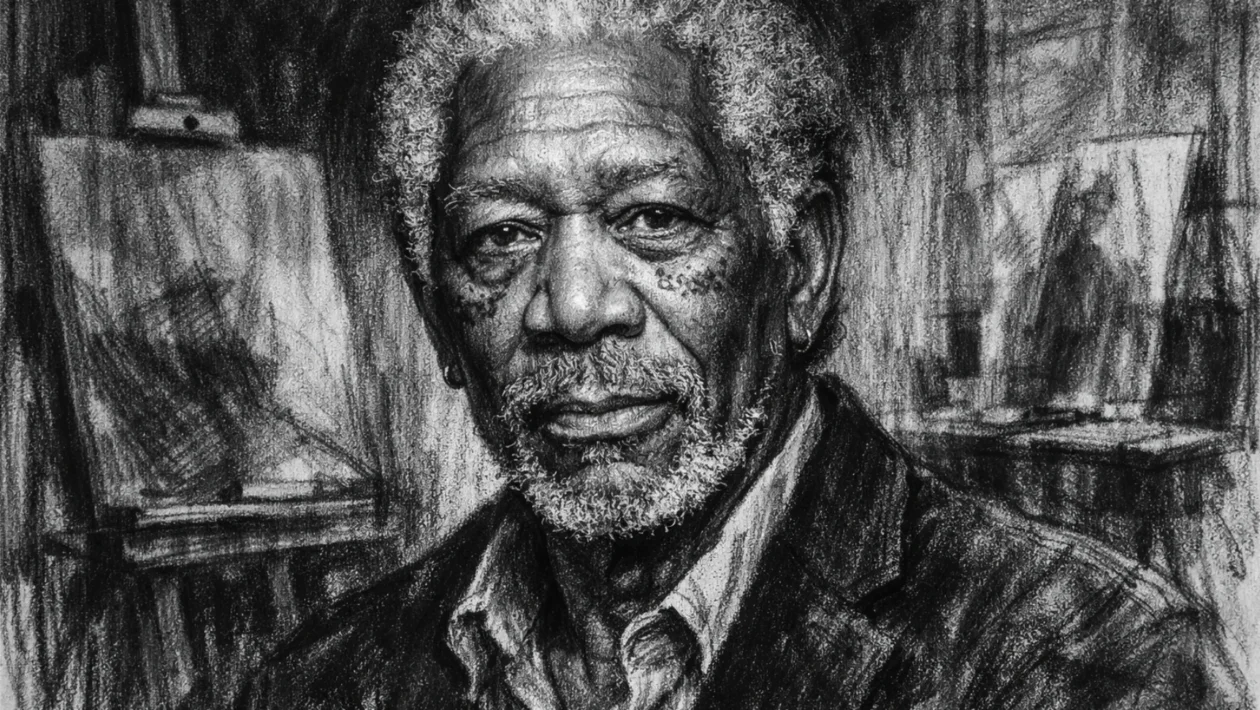 Portret Morgana Freemana u ugalj stilu, crno-bijeli kontrastni crtež s izražajnim linijama