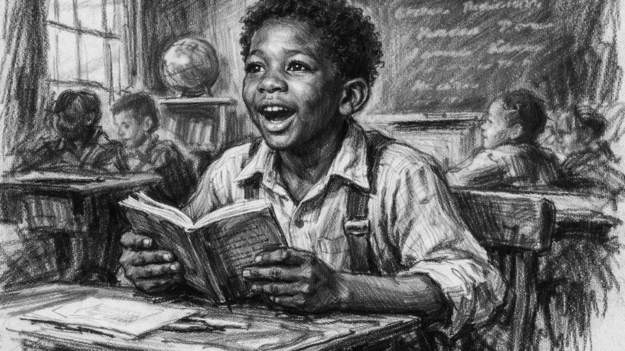 Rani život Morgana Freemana prikazan u ugalj stilu, crno-bijela scena iz djetinjstva