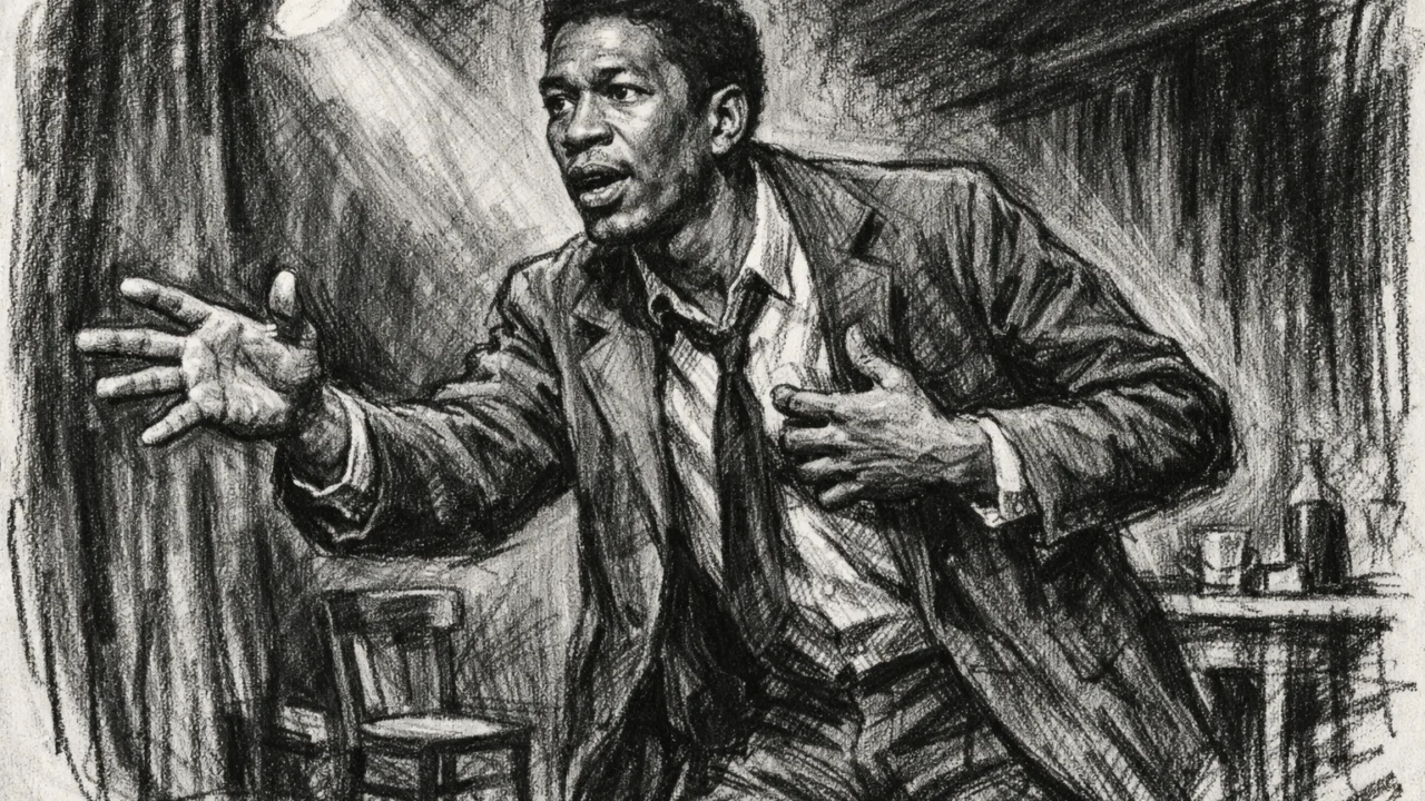 Početak kazališne karijere Morgana Freemana u ugalj stilu, crno-bijeli crtež