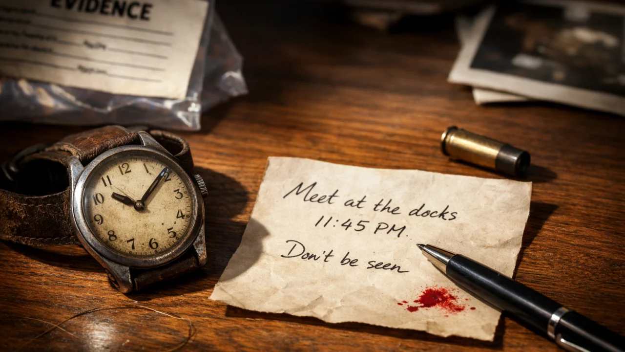 Detaljni prikaz tragova u whodunit priči poput sata i bilješke koji vode čitatelja prema logičnom rješenju misterija