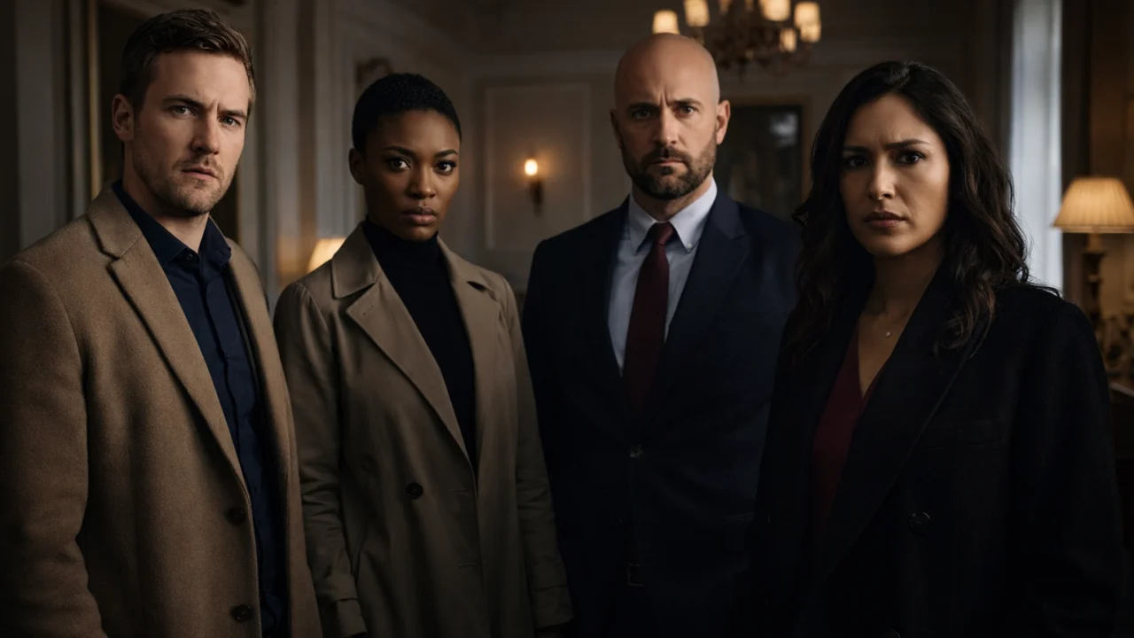 Sumnjivci u whodunit priči okupljeni u napetoj sceni gdje svaki lik ima motiv i tajnu važnu za rješenje