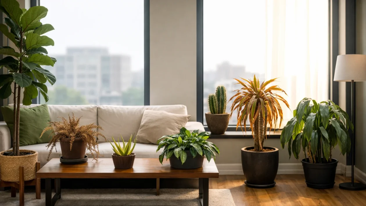 Sobne biljke u stanu s vidljivim greškama u uzgoju poput pogrešne svjetlosti i slabog rasta