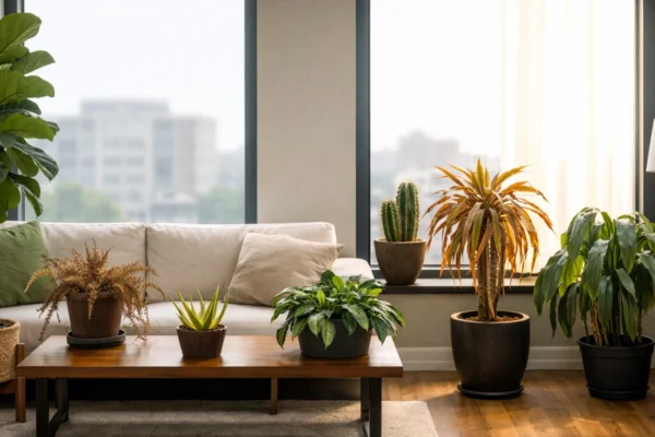 Sobne biljke u stanu s vidljivim greškama u uzgoju poput pogrešne svjetlosti i slabog rasta