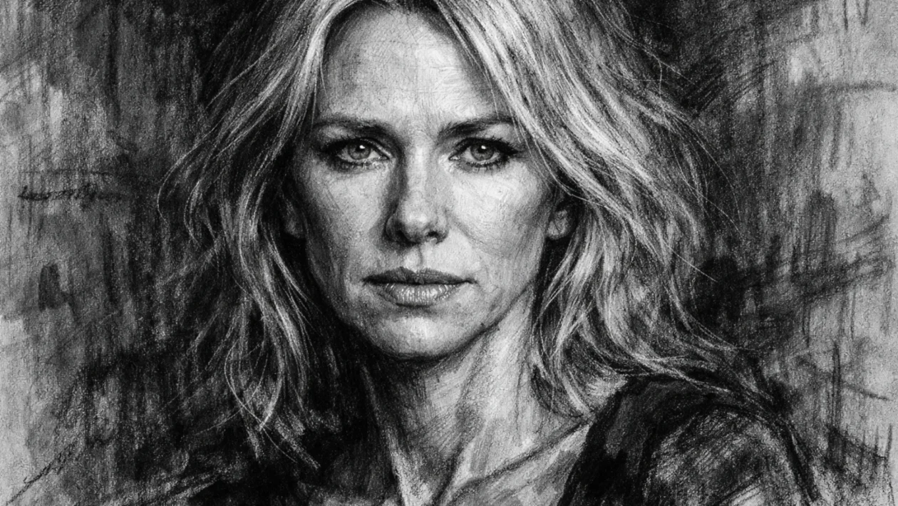 Portret Naomi Watts u ugalj stilu, crno-bijeli crtež s jakim kontrastom i izražajnim linijama.