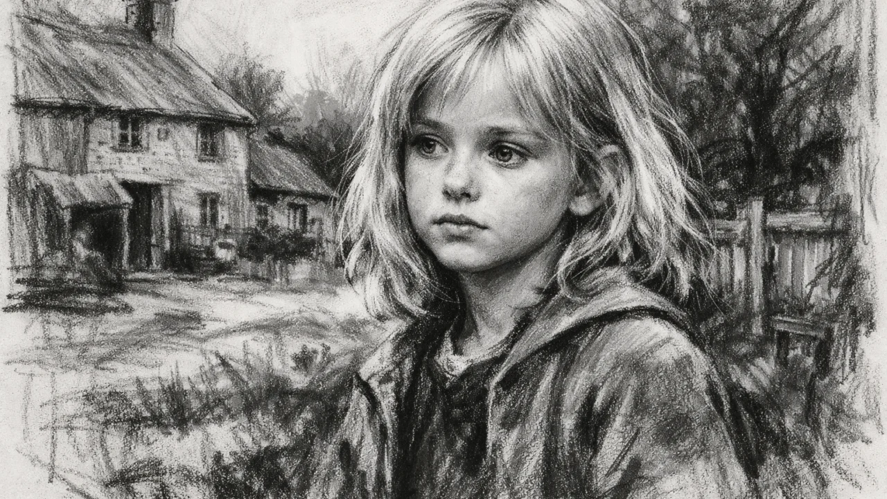 Rani život Naomi Watts prikazan u ugalj stilu, crno-bijela scena iz djetinjstva s izraženim linijama.