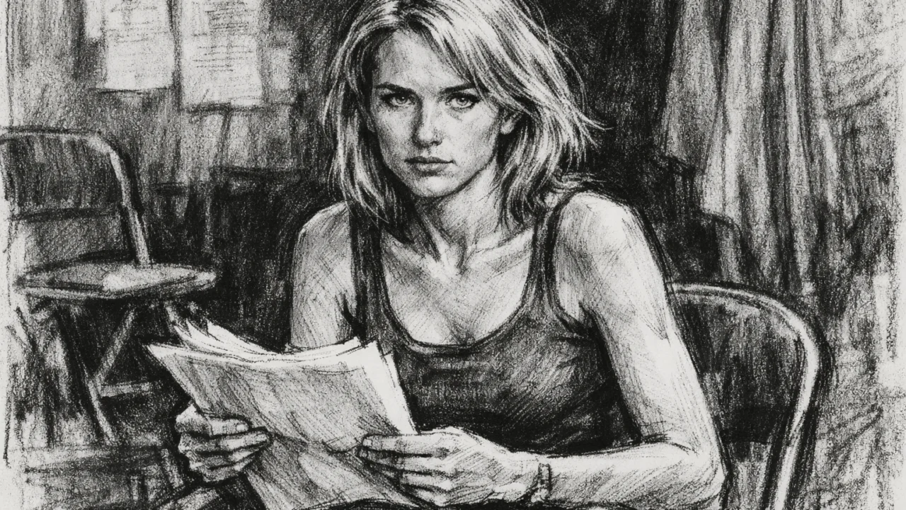 Početak glumačke karijere Naomi Watts prikazan u ugalj stilu, crno-bijeli crtež s emocionalnom snagom.