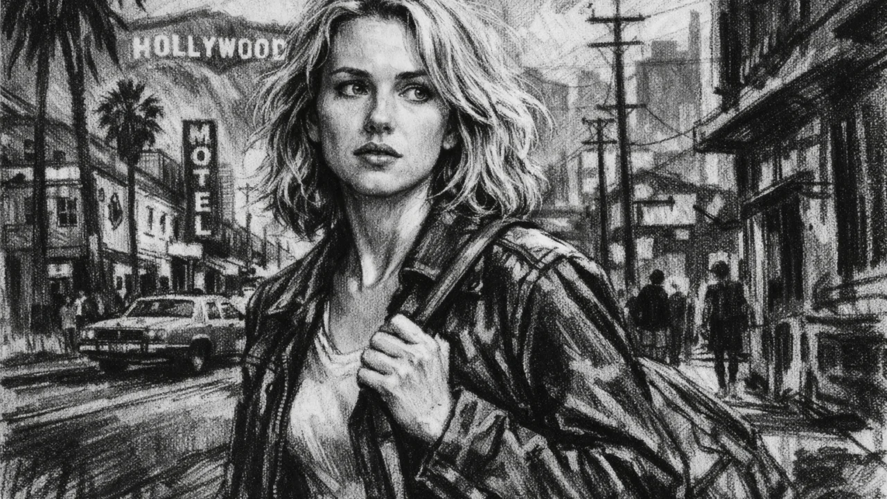 Dolazak Naomi Watts u Hollywood prikazan u ugalj stilu, crno-bijela scena s jakim kontrastom.