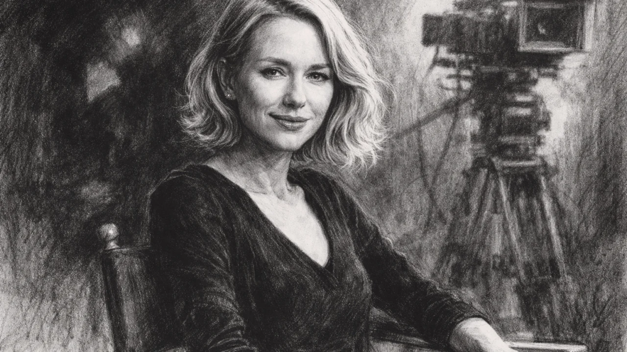 Zrela glumica Naomi Watts na filmskom setu u ugalj stilu, crno-bijeli umjetnički prikaz.