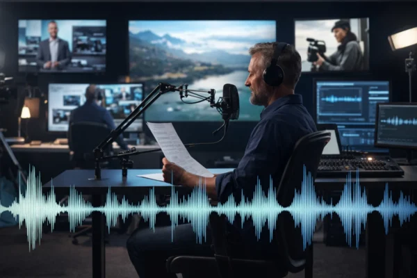 Profesionalni narator u studiju snima voice over za video sadržaj, simbol moderne primjene naracije u medijima