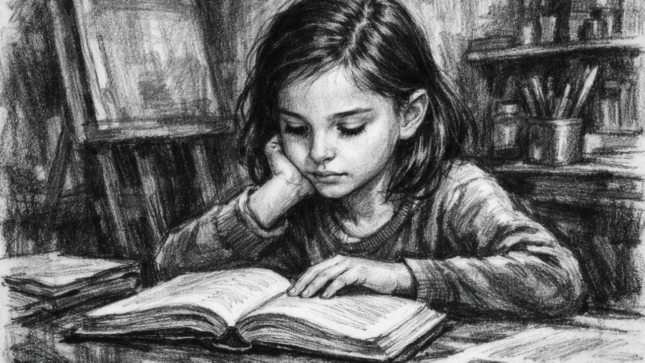 Prikaz ranog života Natalie Portman u New Yorku, ilustriran u ugalj stilu s izraženim linijama i kontrastom.