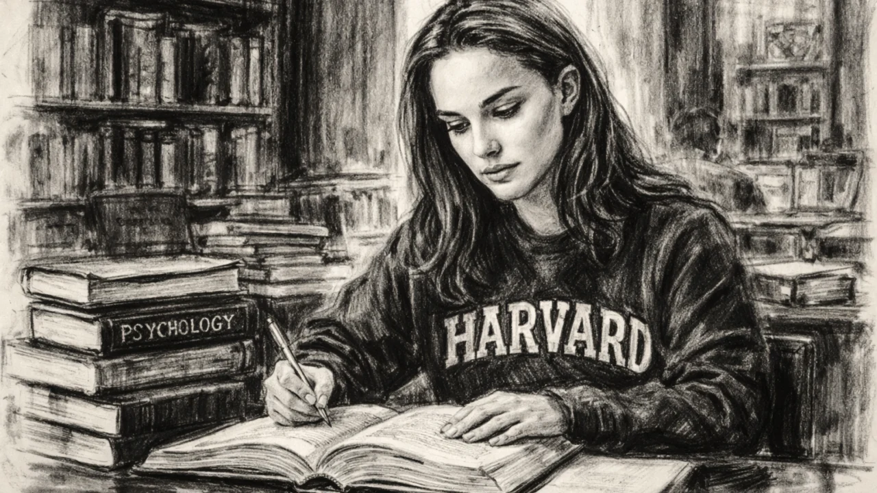 Natalie Portman tijekom studija na Harvardu, prikazana u umjetničkom ugalj stilu s naglaskom na obrazovanje.