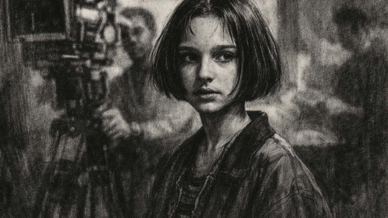 Rani glumački dani Natalie Portman na filmskom setu, interpretirani u crno-bijelom ugalj stilu.