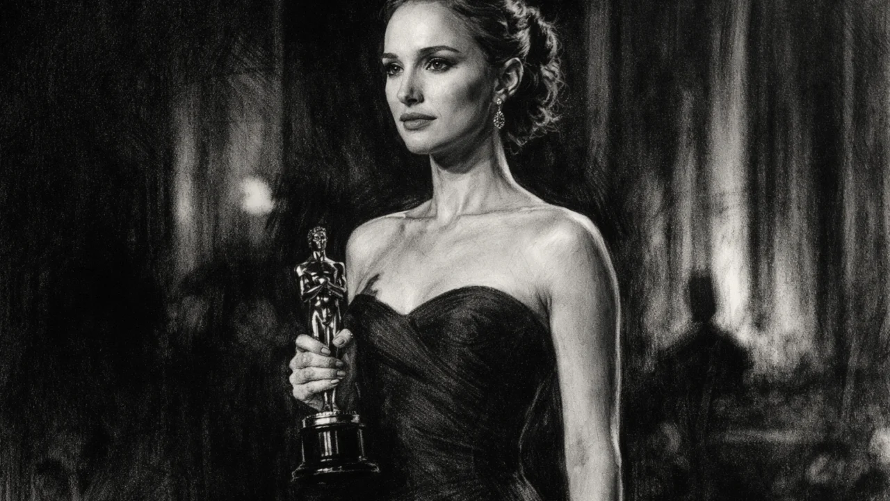 Natalie Portman na dodjeli nagrada, prikazana u sofisticiranom ugalj stilu s jakim kontrastima.