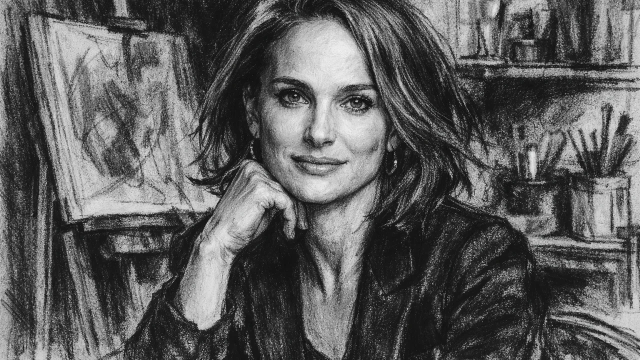 Zrela Natalie Portman kao afirmirana glumica, prikazana u detaljnom crno-bijelom ugalj stilu.