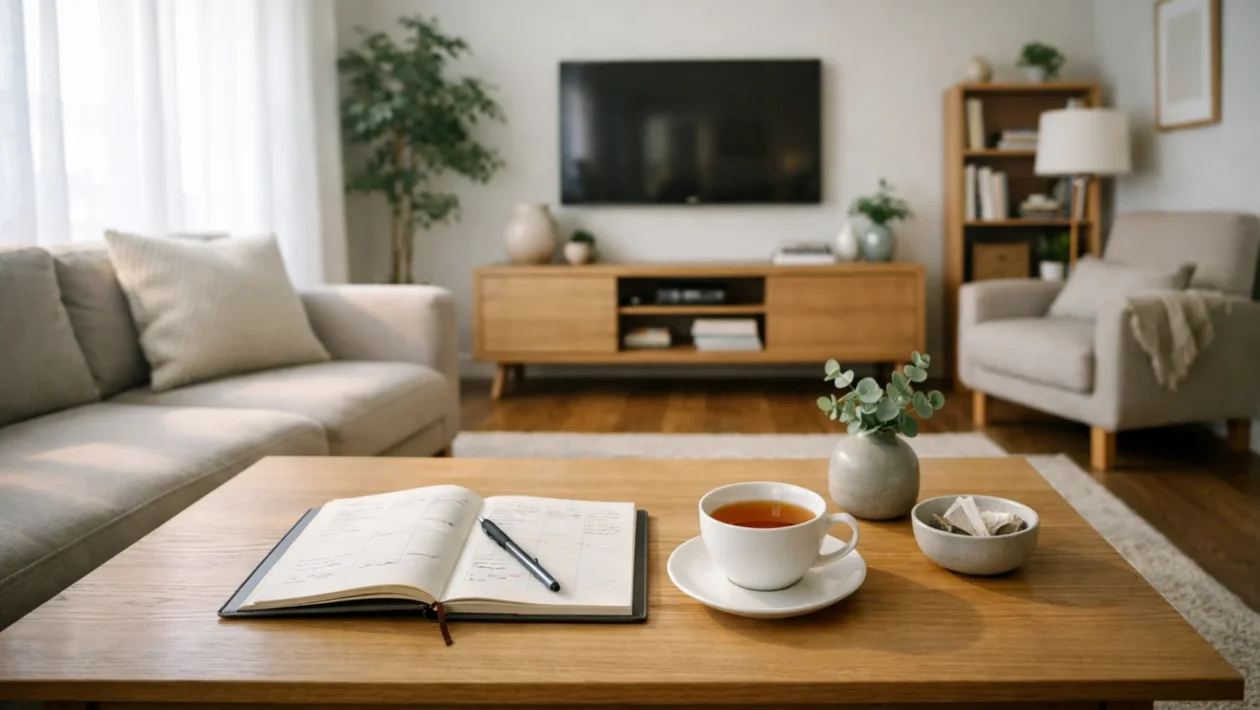 Mirna nedjeljna atmosfera u urednom dnevnom boravku kao simbol nedjeljnog reseta i pripreme za opušten radni tjedan
