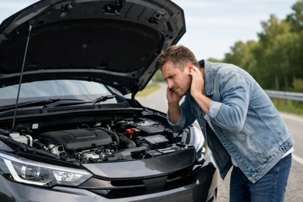 Vozač sluša motor automobila s otvorenom haubom, prepoznavanje neobičnih zvukova motora kao znak mogućeg kvara