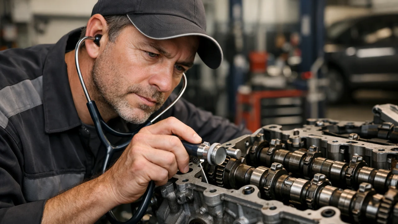 Auto mehaničar sluša motor alatom kako bi otkrio kucanje ili metalne zvukove koji upućuju na ozbiljne kvarove