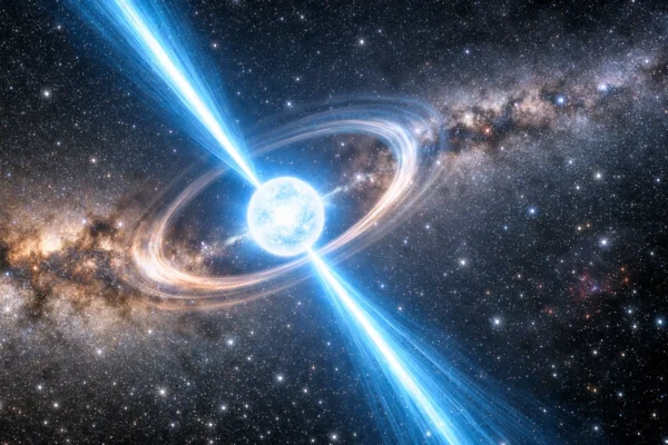 Ilustracija neutronske zvijezde i pulsara u Mliječnoj stazi, prikaz ekstremne gustoće i zračenja u dubokom svemiru