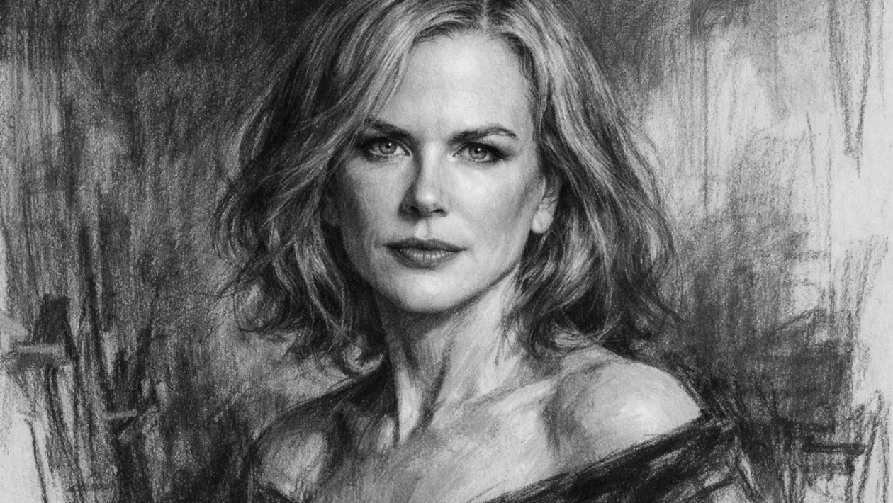 Hero portret Nicole Kidman u realističnom crno-bijelom ugalj stilu, s naglašenim kontrastima i izražajnim linijama.