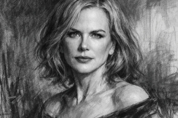 Hero portret Nicole Kidman u realističnom crno-bijelom ugalj stilu, s naglašenim kontrastima i izražajnim linijama.