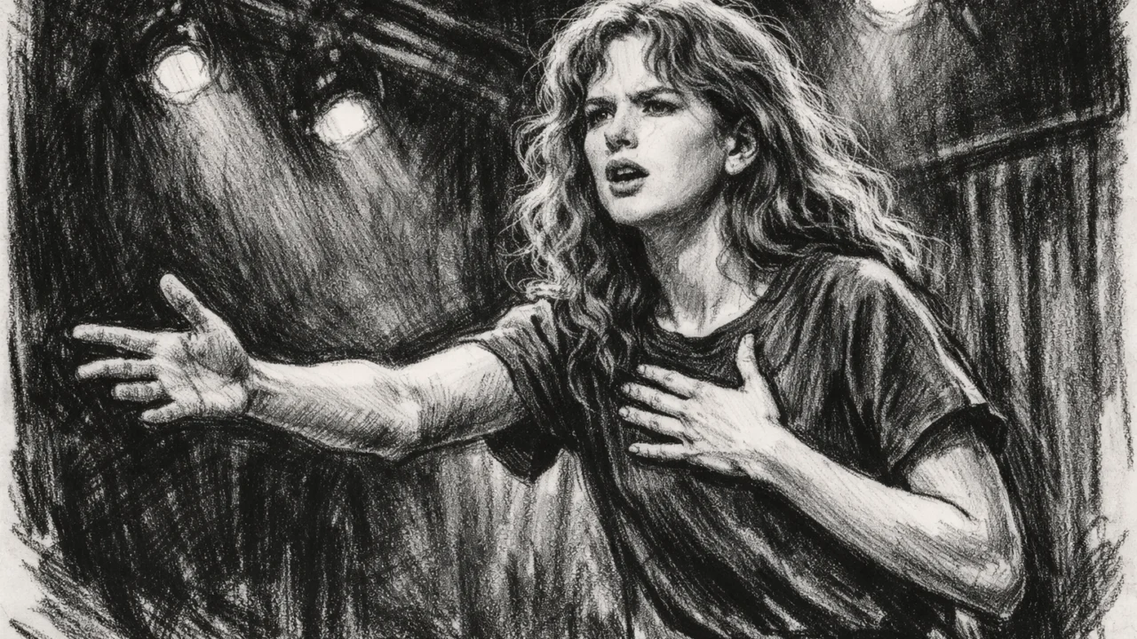 Nicole Kidman kao tinejdžerica na satu glume, scenska proba prikazana u crno-bijelom ugalj stilu.