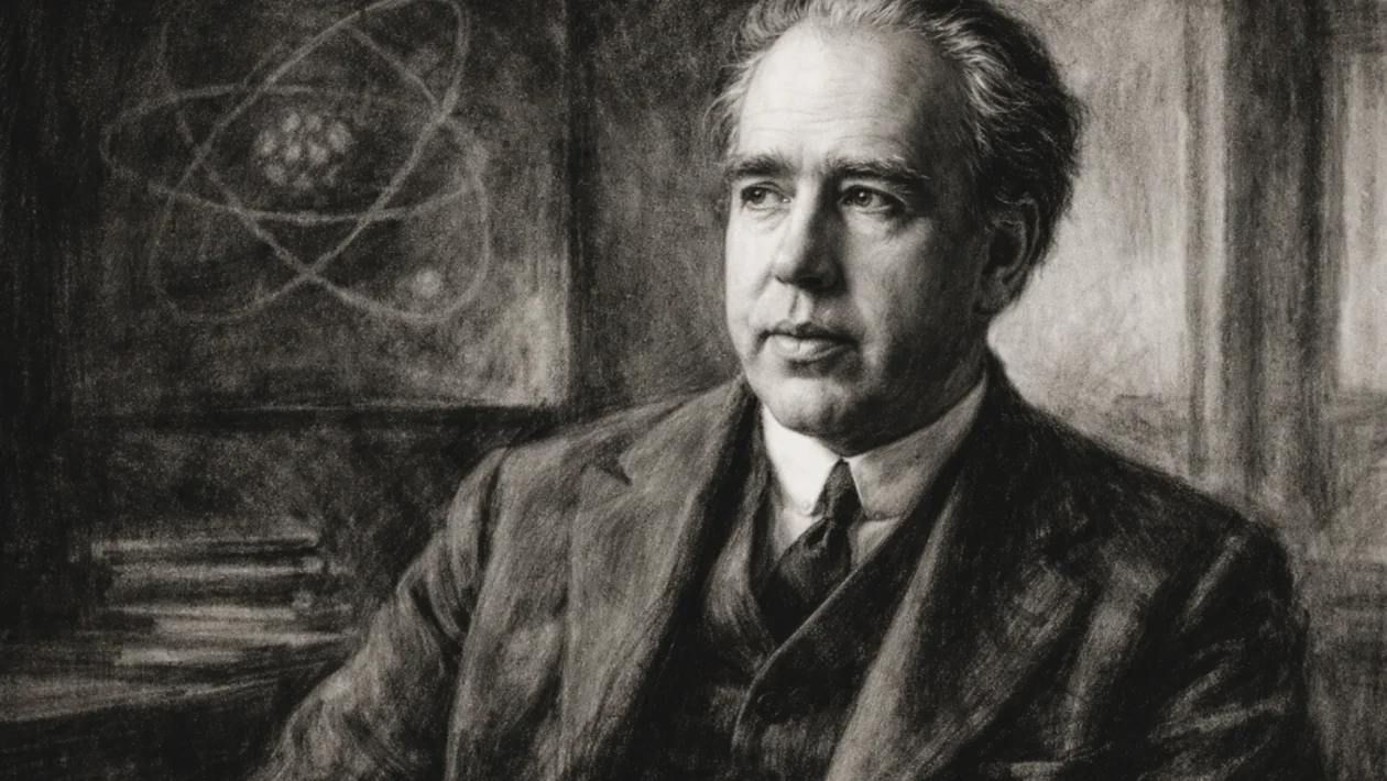 Portret Nielsa Bohra u ugalj stilu, crno-bijeli izraziti kontrasti i realistične linije lica znanstvenika