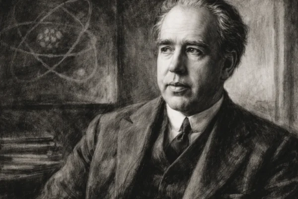 Portret Nielsa Bohra u ugalj stilu, crno-bijeli izraziti kontrasti i realistične linije lica znanstvenika