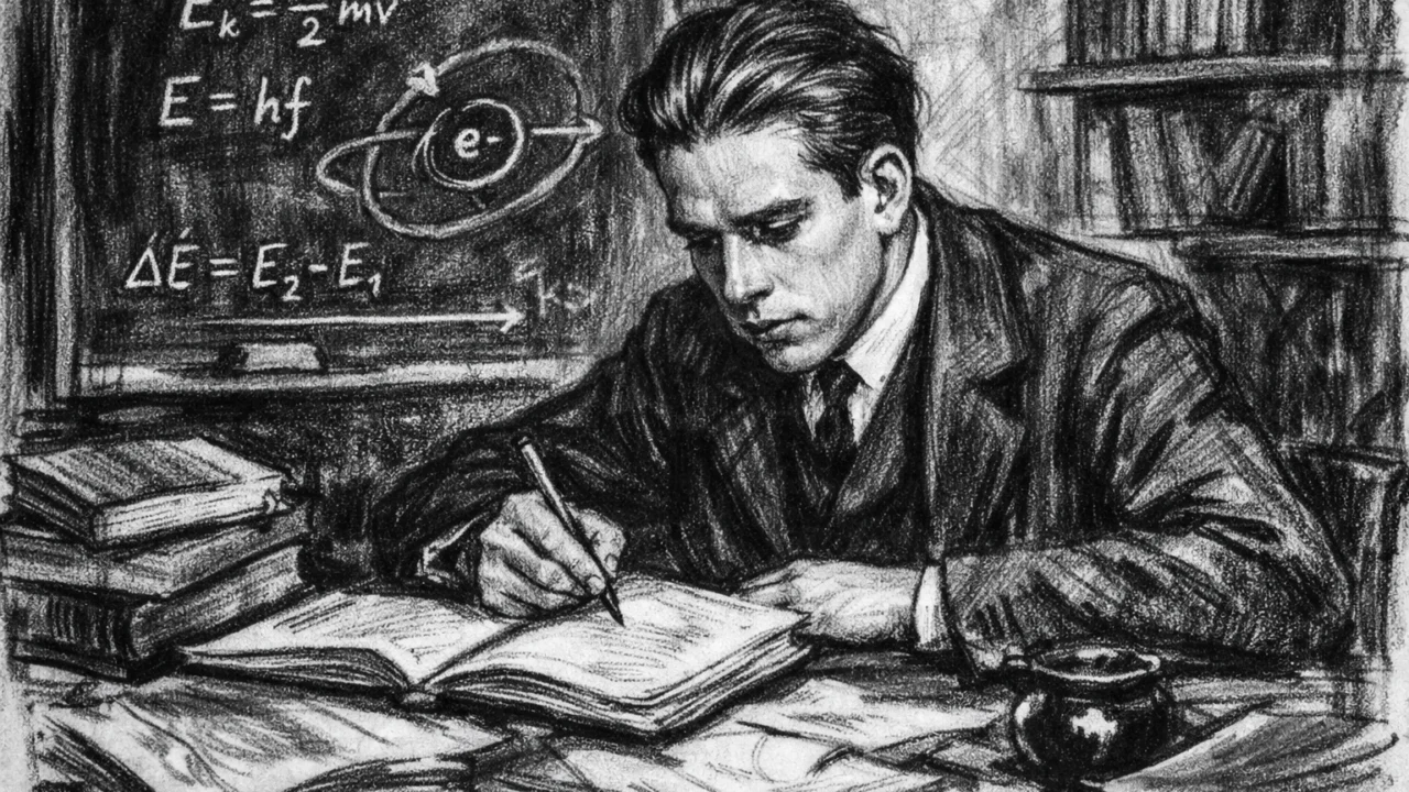 Mladi Niels Bohr tijekom studija u Kopenhagenu, scena obrazovanja u ugalj stilu s knjigama i formulama