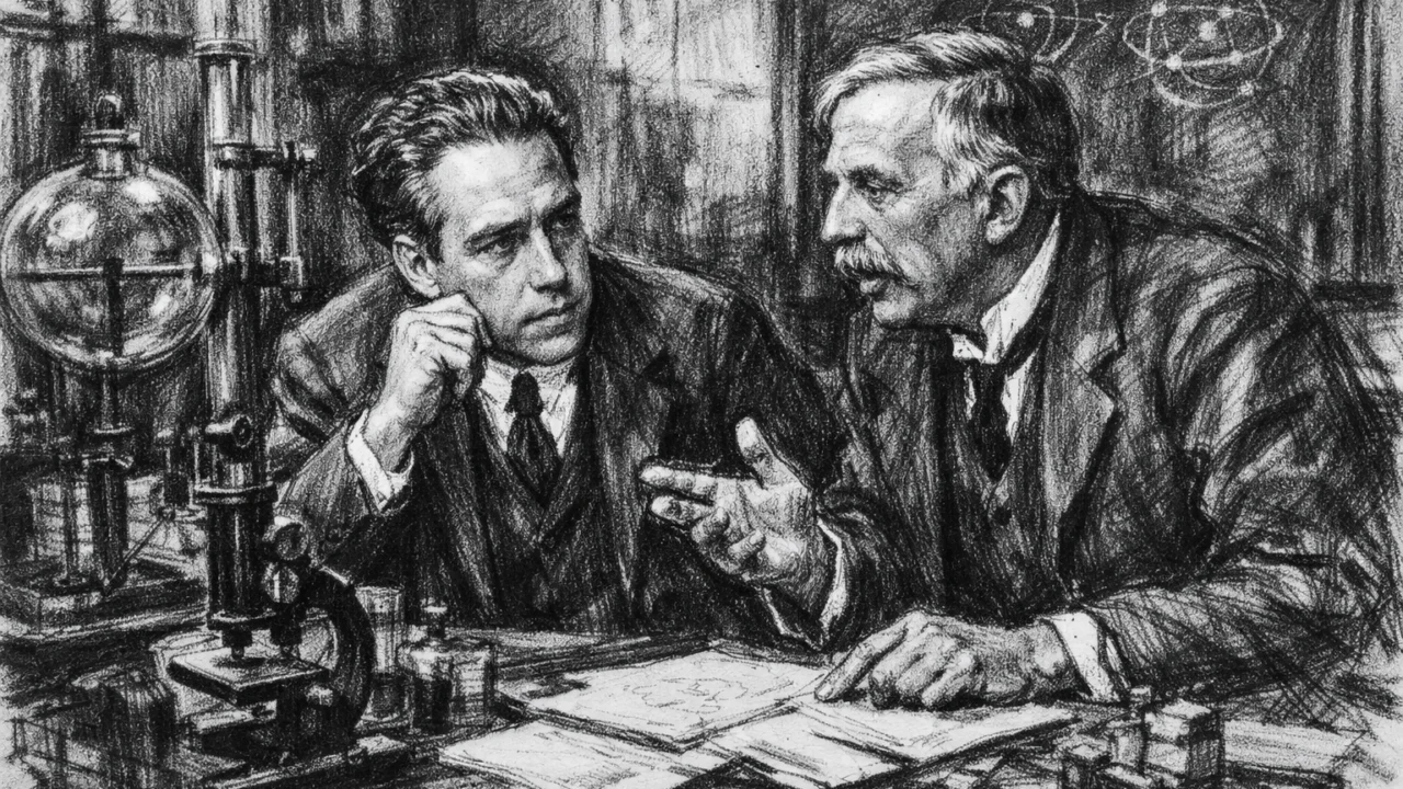 Niels Bohr u laboratoriju s Rutherfordom, znanstvena suradnja prikazana u ugalj stilu