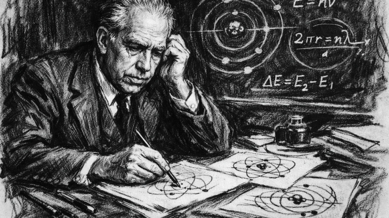Niels Bohr dok razvija atomski model, prikaz misaonog rada u ugalj stilu
