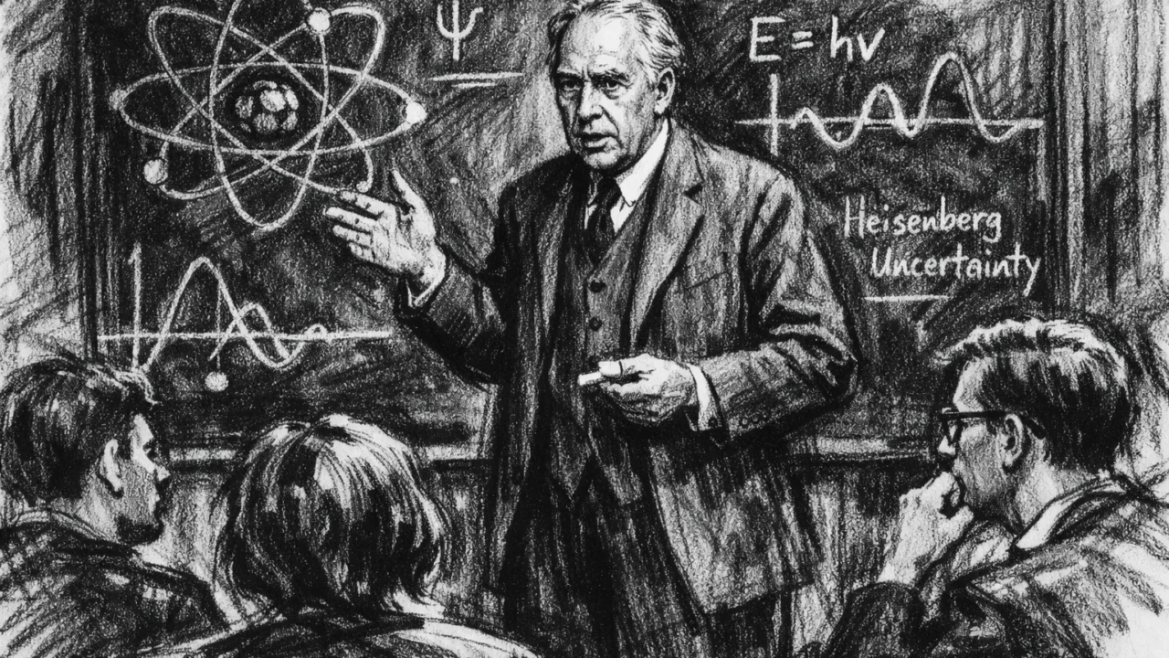 Niels Bohr predaje kvantnu fiziku studentima, edukativna scena u ugalj stilu