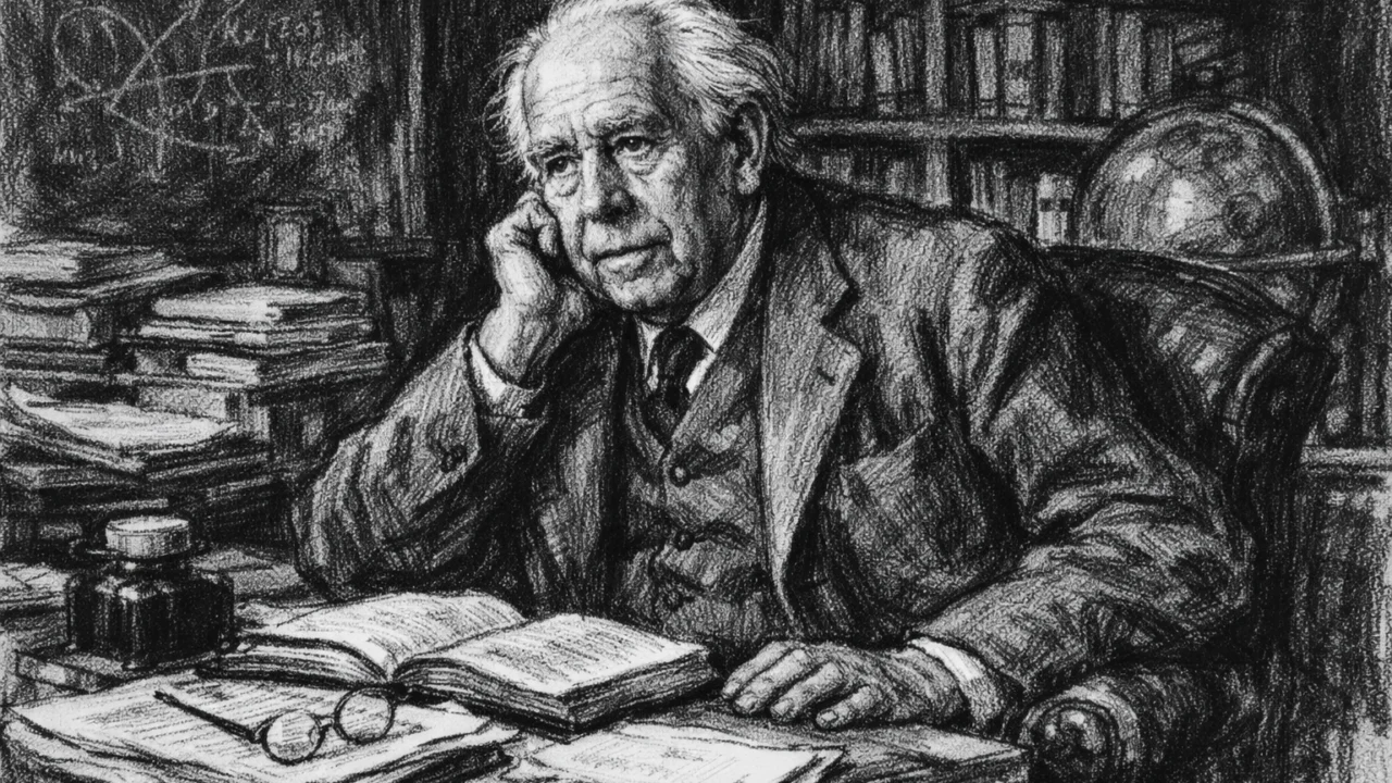 Stariji Niels Bohr u razmišljanju o svom naslijeđu, intimni portret u ugalj stilu