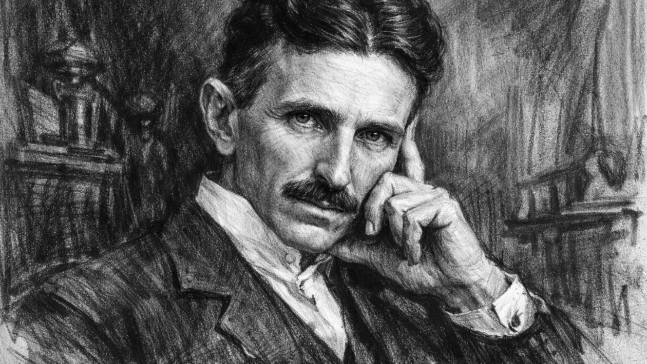 Portret Nikole Tesle u ugalj stilu, crno-bijeli visokog kontrasta s izražajnim linijama.