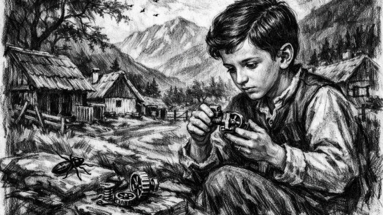 Rani život Nikole Tesle u Smiljanu prikazan u ugalj stilu, crno-bijeli crtež snažnog kontrasta.