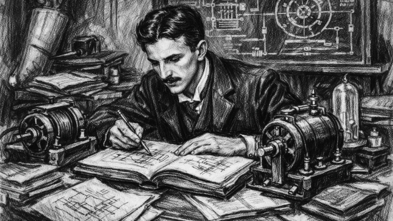 Nikola Tesla tijekom studija u Grazu prikazan u ugalj stilu, crno-bijeli crtež s naglašenim linijama.