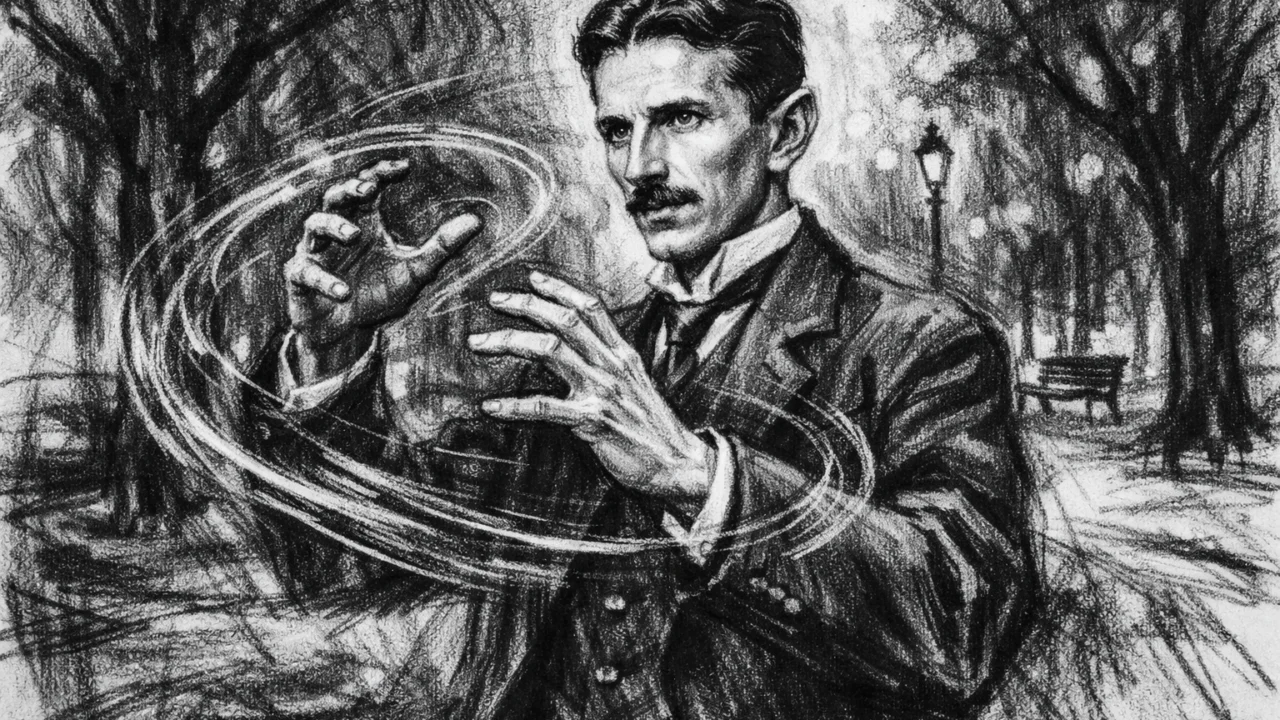 Trenutak Tesline inspiracije u Budimpešti u ugalj stilu, crno-bijeli crtež visokog kontrasta.